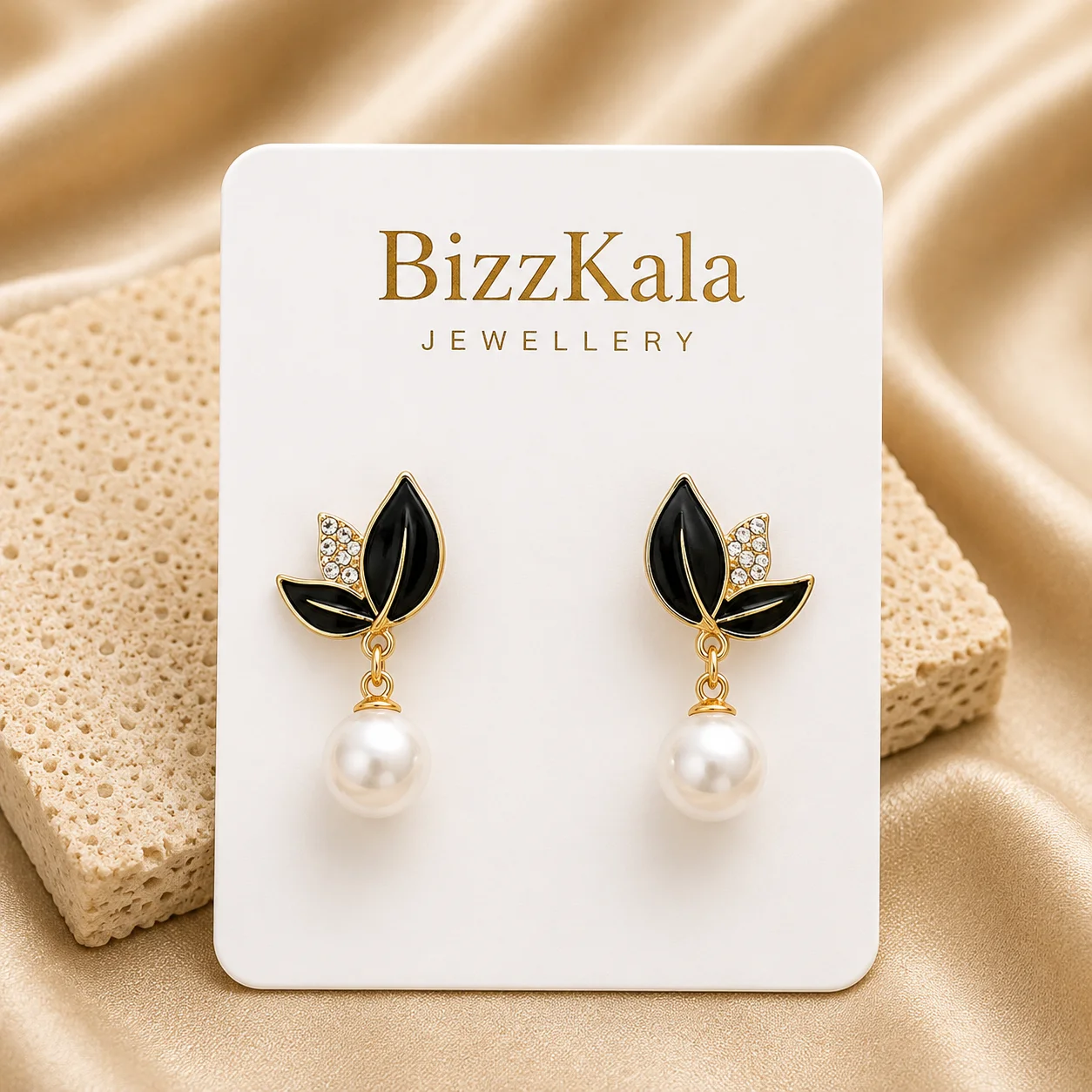Black Leaf Pearl Drop Earrings for Women