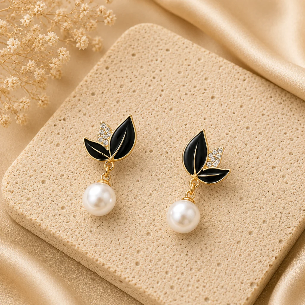 Black Leaf Pearl Drop Earrings for Women