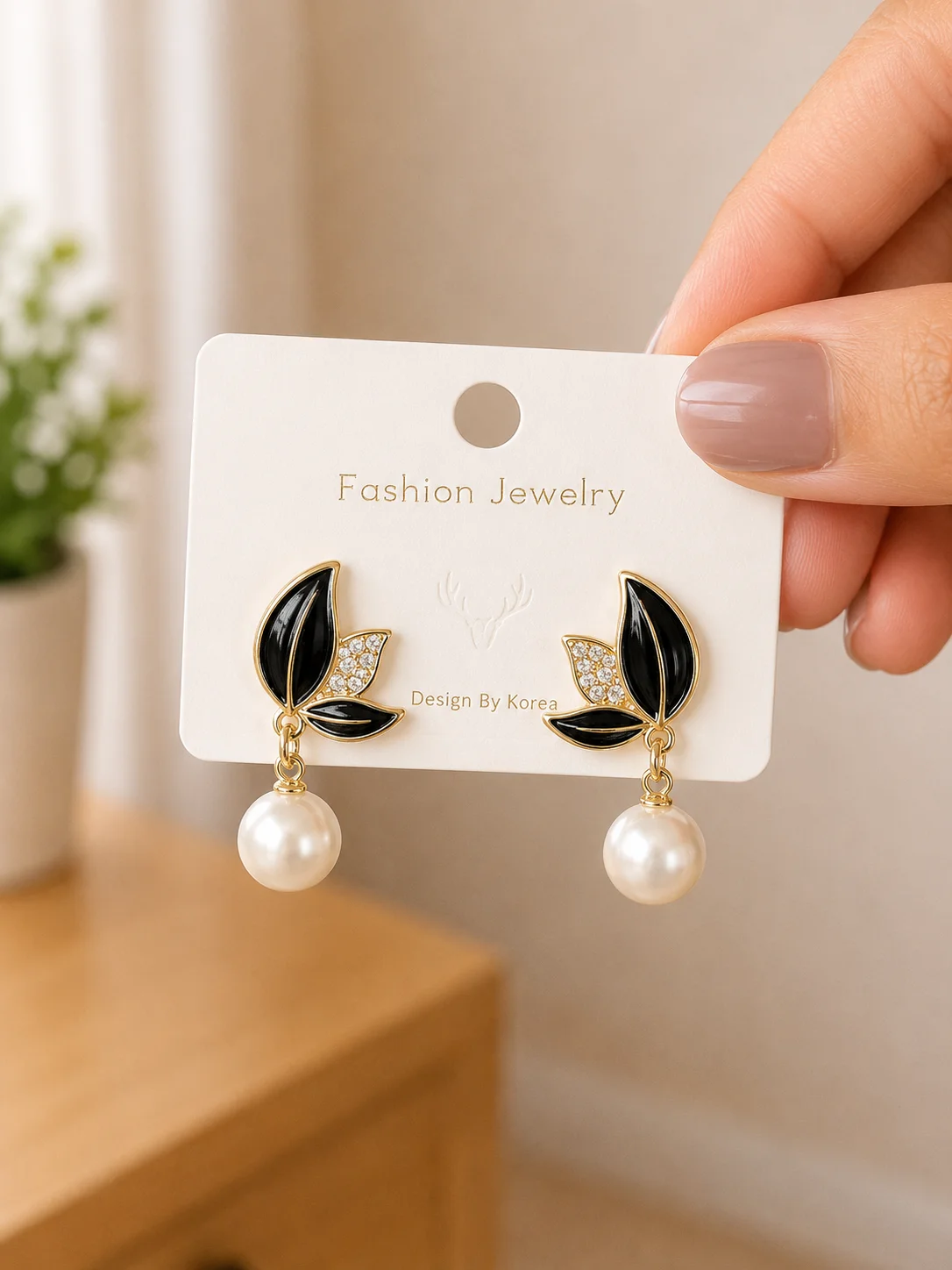 Black Leaf Pearl Drop Earrings for Women - Image 4