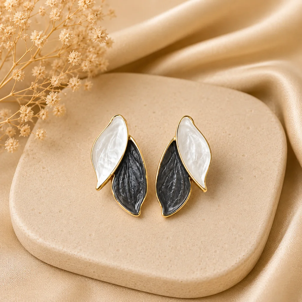 Black and White Enamel Leaf Earrings for Women