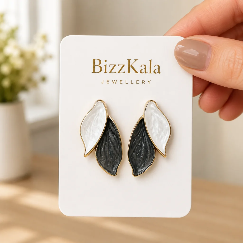 Black and White Enamel Leaf Earrings for Women