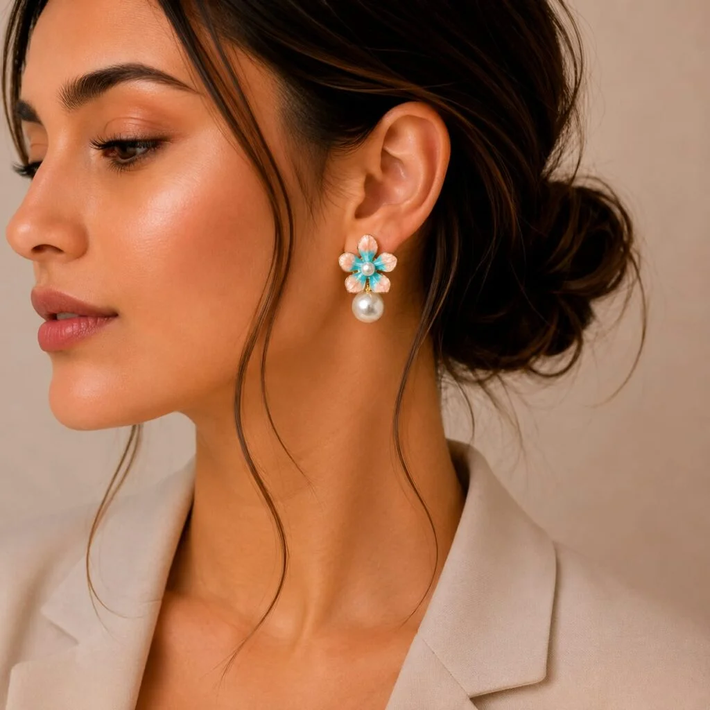 Blue and Peach Flower Pearl Drop Earrings for Women