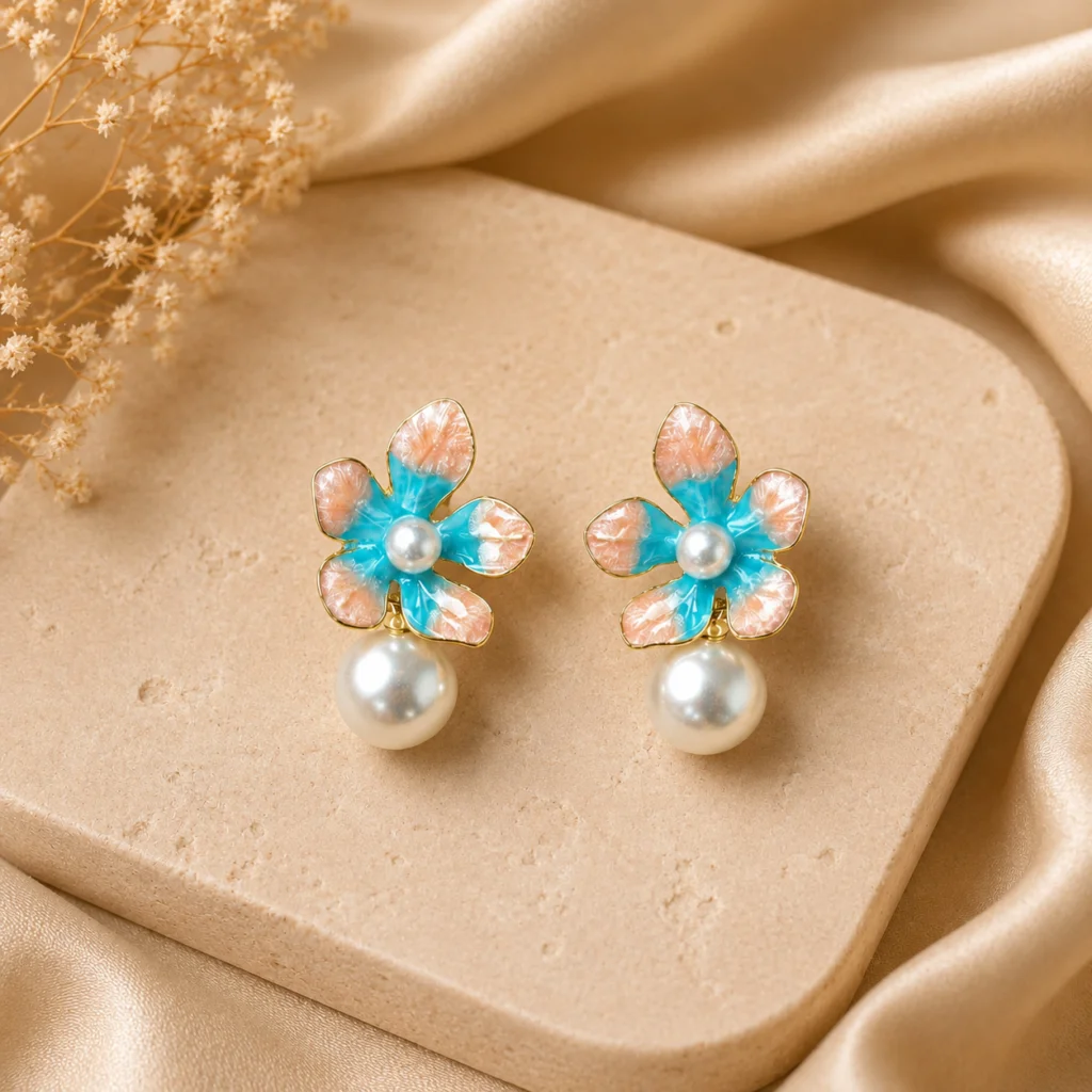 Blue and Peach Flower Pearl Drop Earrings for Women