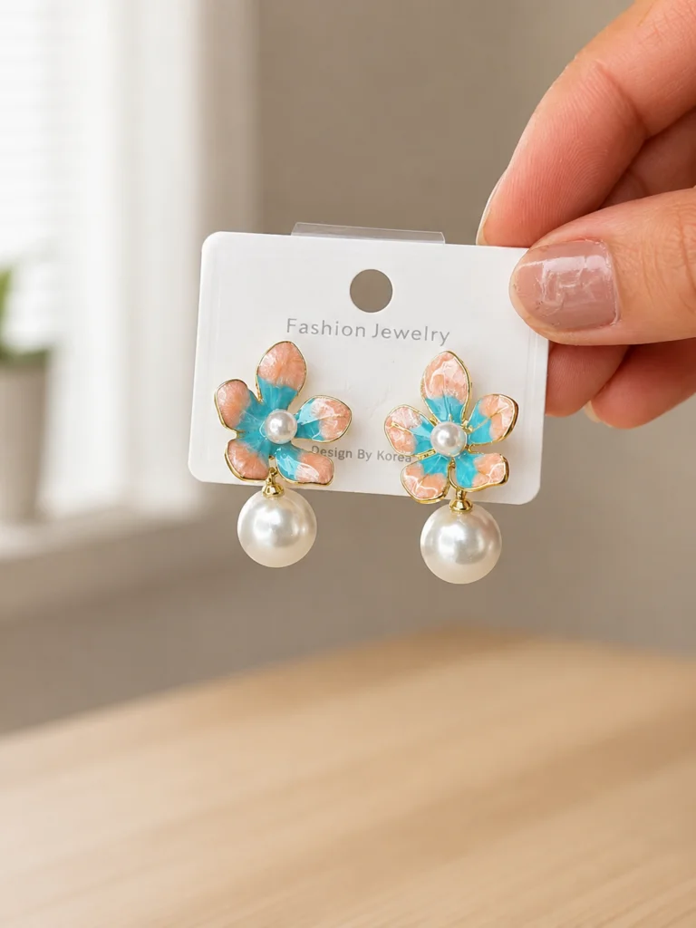 Blue and Peach Flower Pearl Drop Earrings for Women