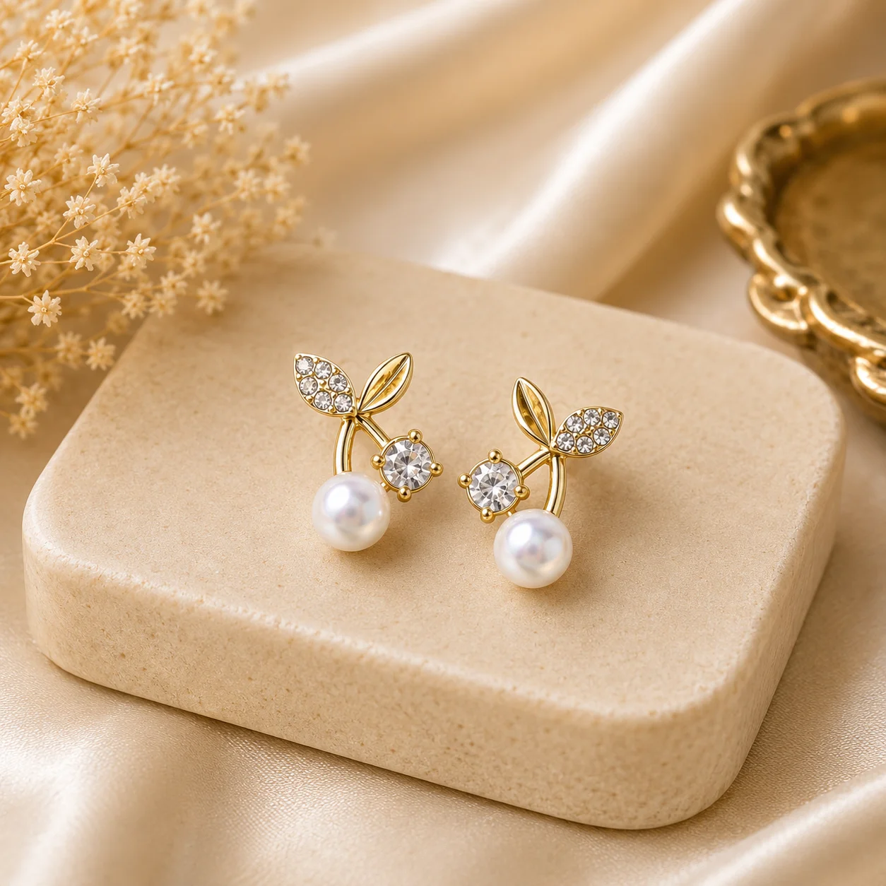 Crystal Leaf Pearl Stud Earrings for Women - Image 3