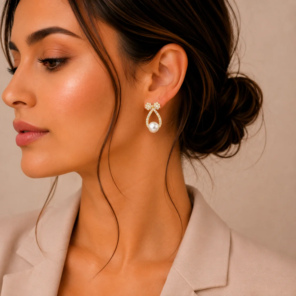 Crystal Bow Pearl Drop Earrings for Women
