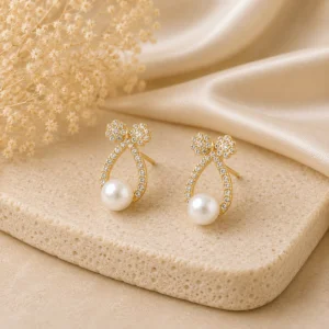 Crystal Bow Pearl Drop Earrings for Women - Image 3