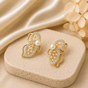 Crystal Butterfly Pearl Stud Earrings for Women - Image 3