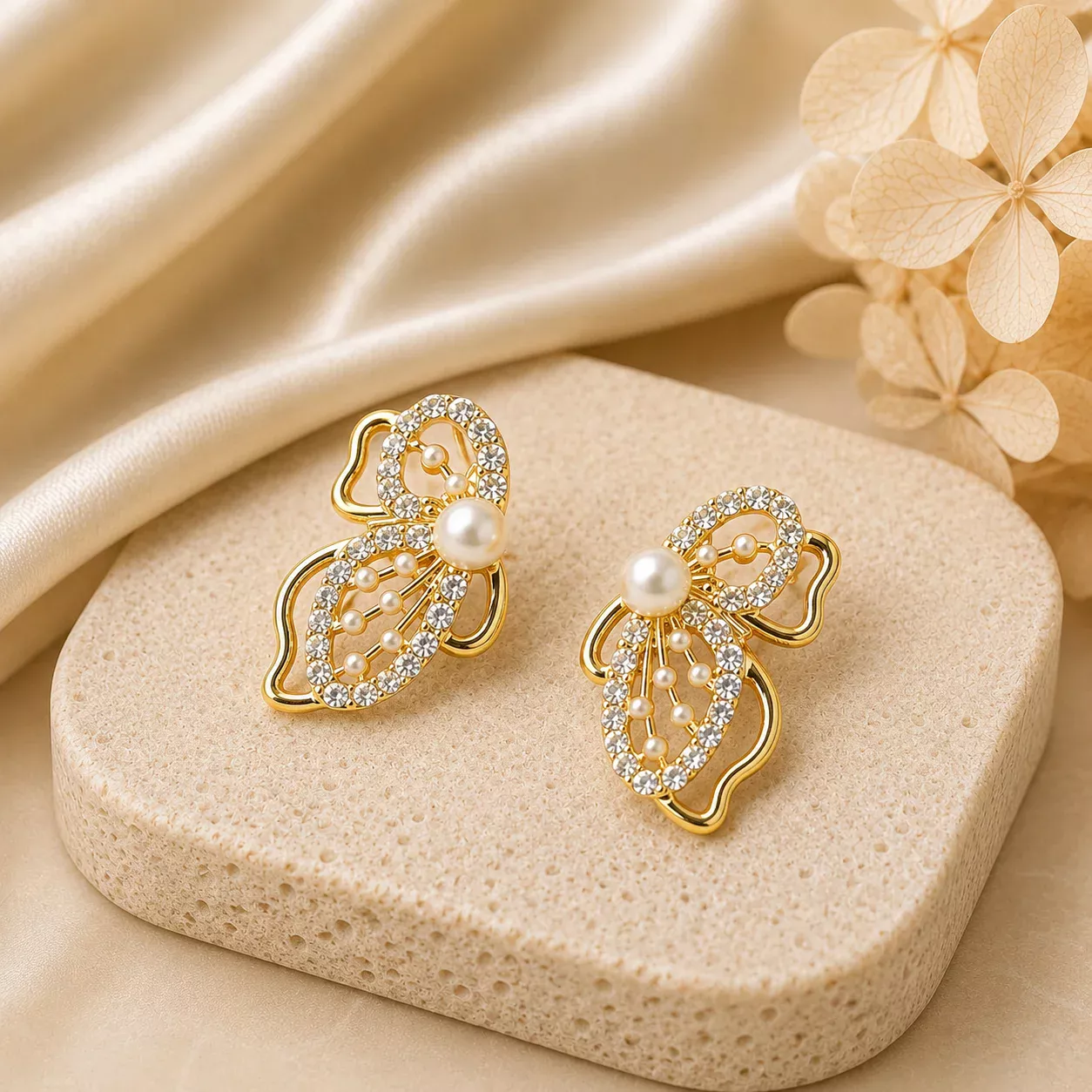 Crystal Butterfly Pearl Stud Earrings for Women - Image 3