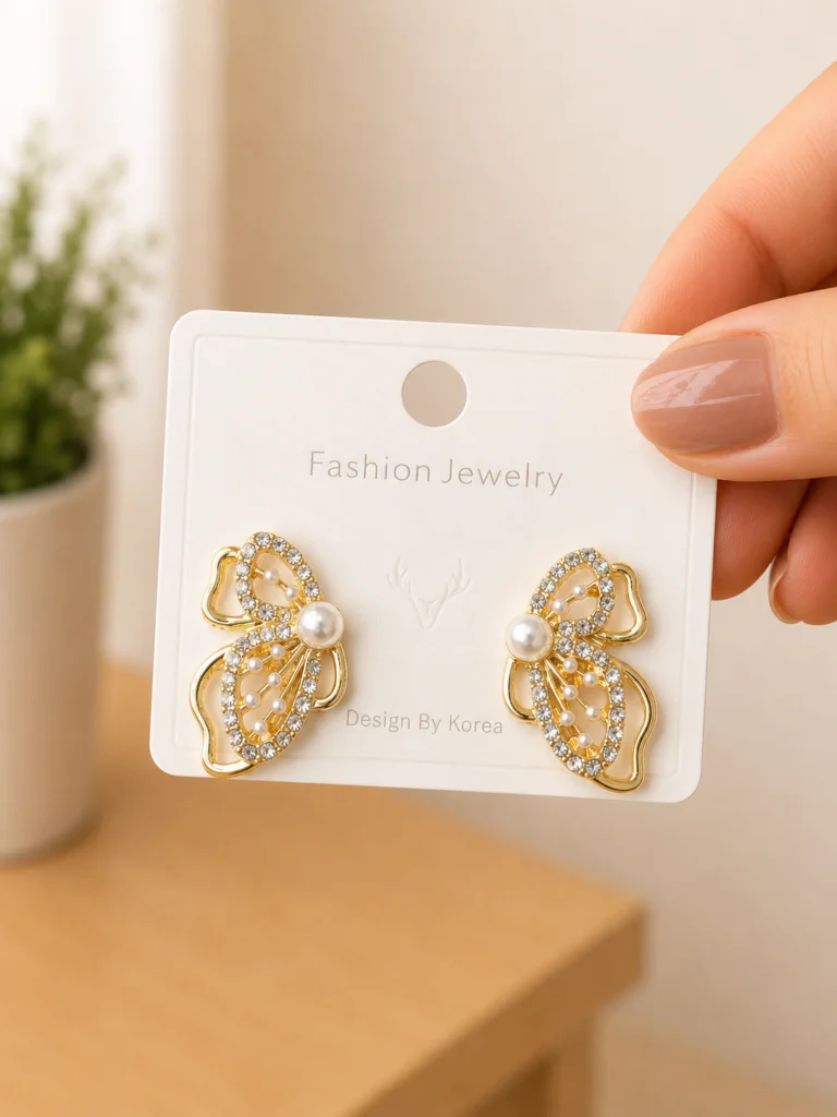 Crystal Butterfly Pearl Stud Earrings for Women