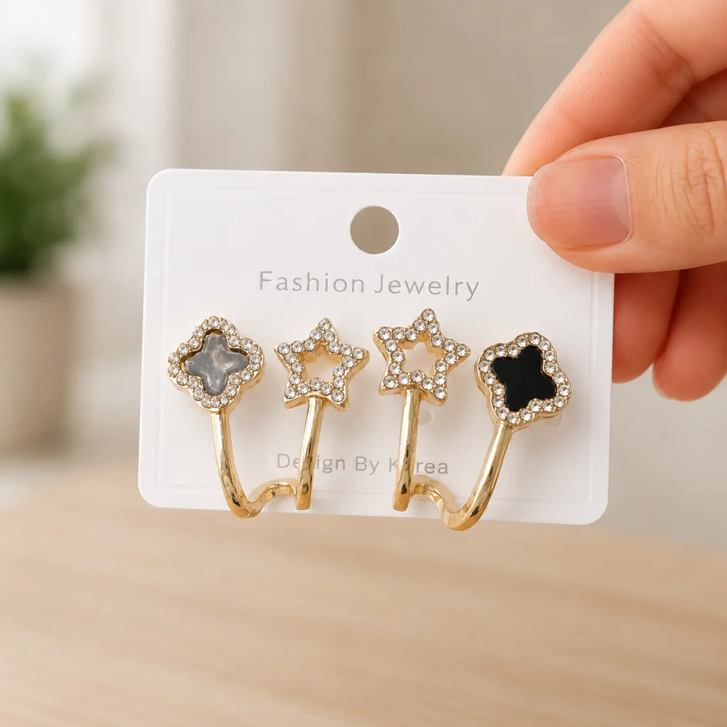 Crystal Clover Star Ear Cuff Earrings for Women