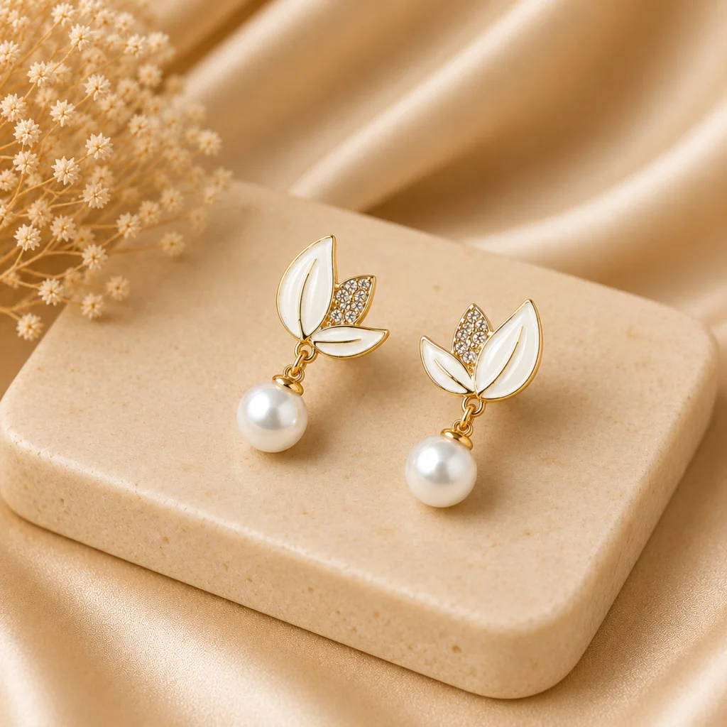 White Leaf Pearl Earrings for Women