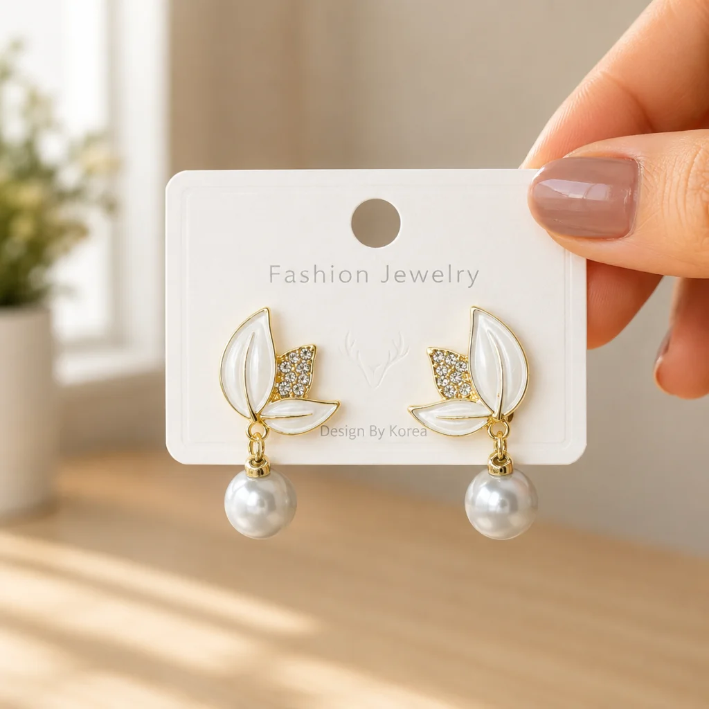 White Leaf Pearl Earrings for Women