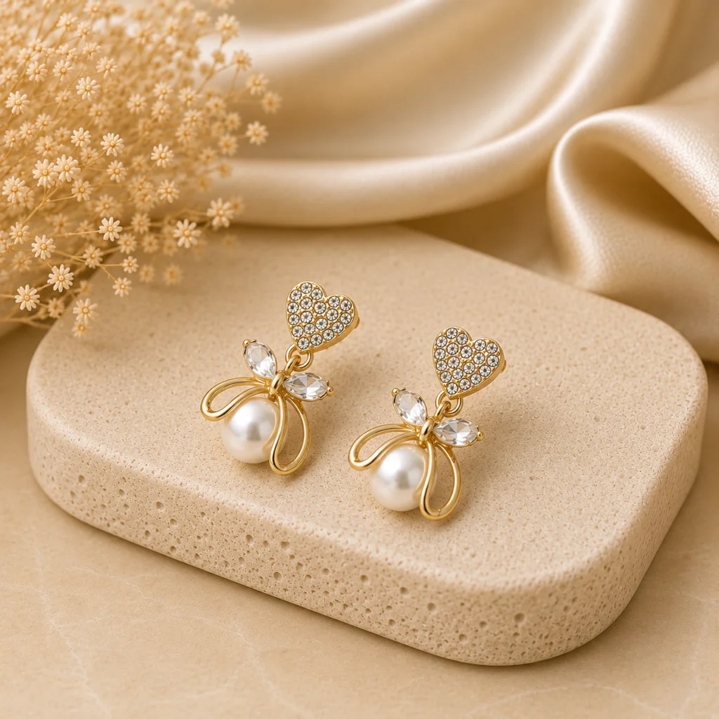 Crystal Heart Pearl Drop Earrings for Women