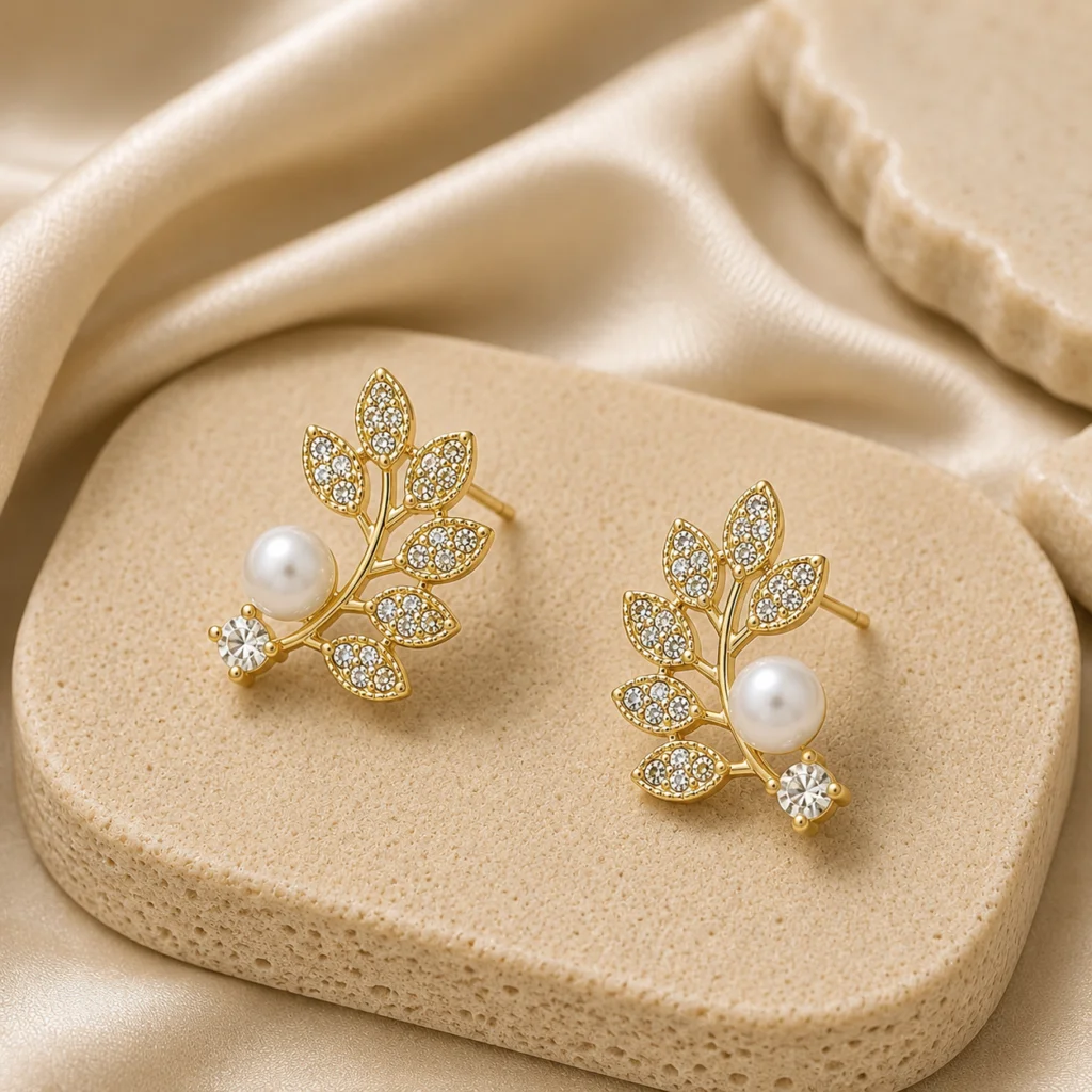 Crystal Leaf Branch Pearl Earrings for Women