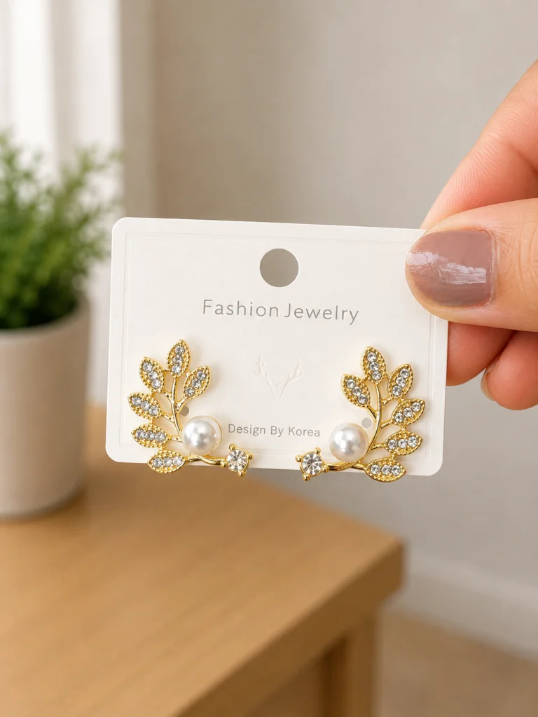 Crystal Leaf Branch Pearl Earrings for Women
