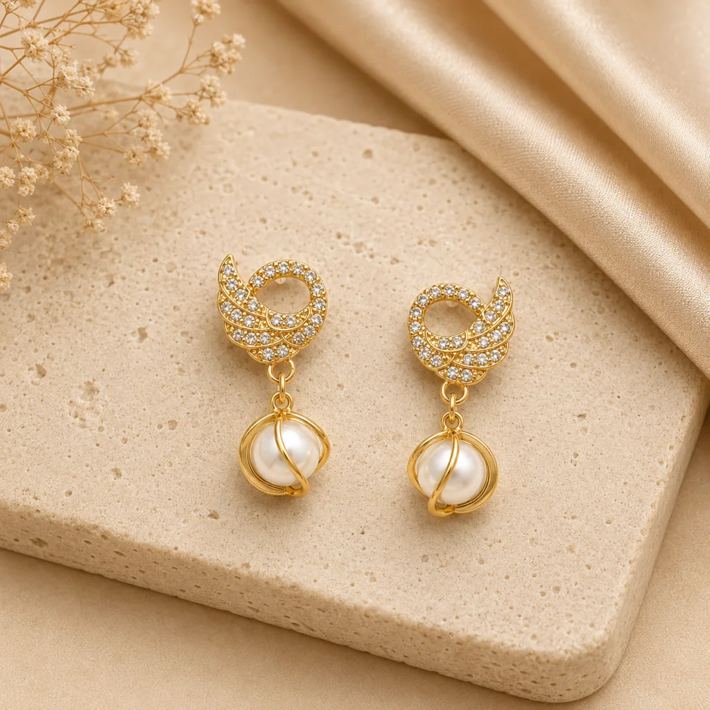 Crystal Leaf Pearl Drop Earrings for Women