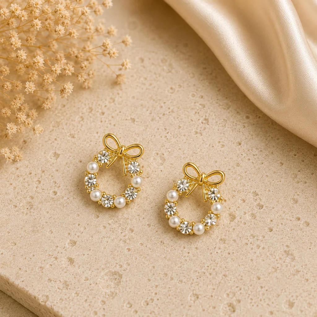 Crystal Pearl Bow Wreath Stud Earrings for Women