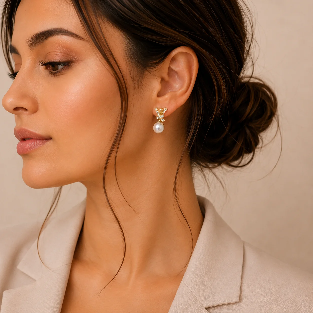 Crystal Ribbon Pearl Drop Earrings for Women - Image 2