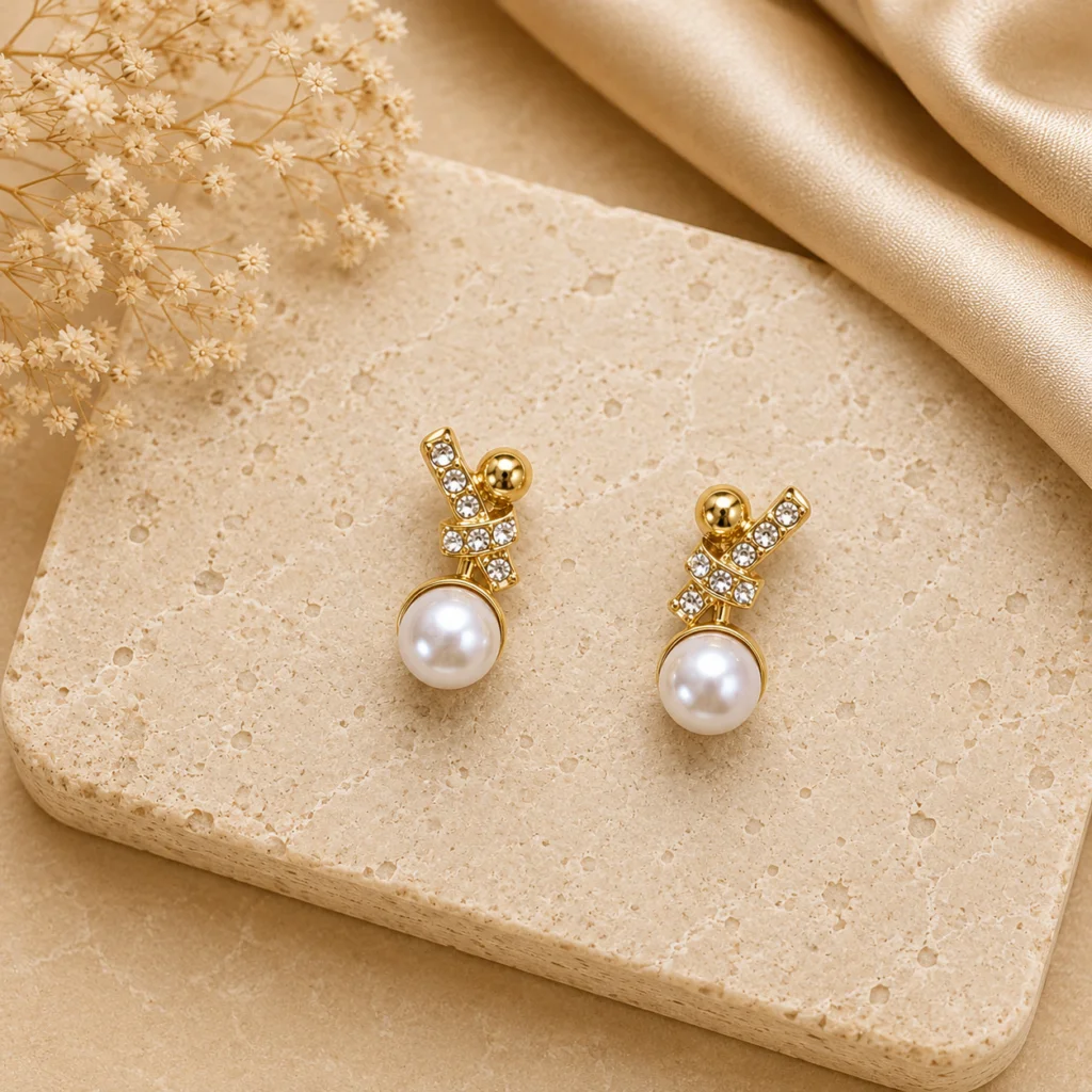 Crystal Ribbon Pearl Drop Earrings for Women