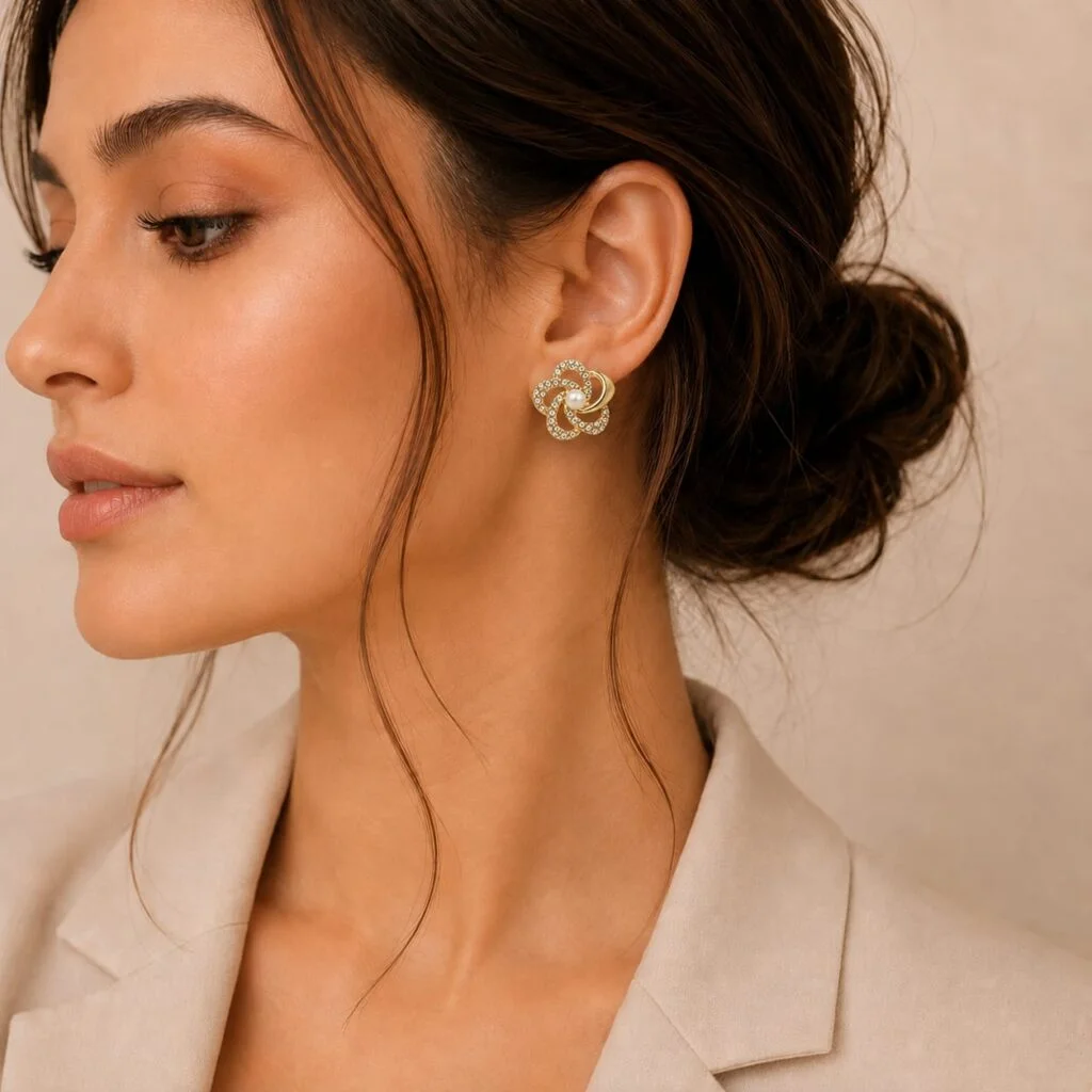 Crystal Swirl Pearl Stud Earrings for Women