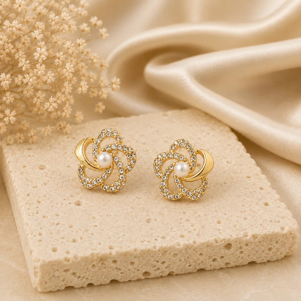 Crystal Swirl Pearl Stud Earrings for Women