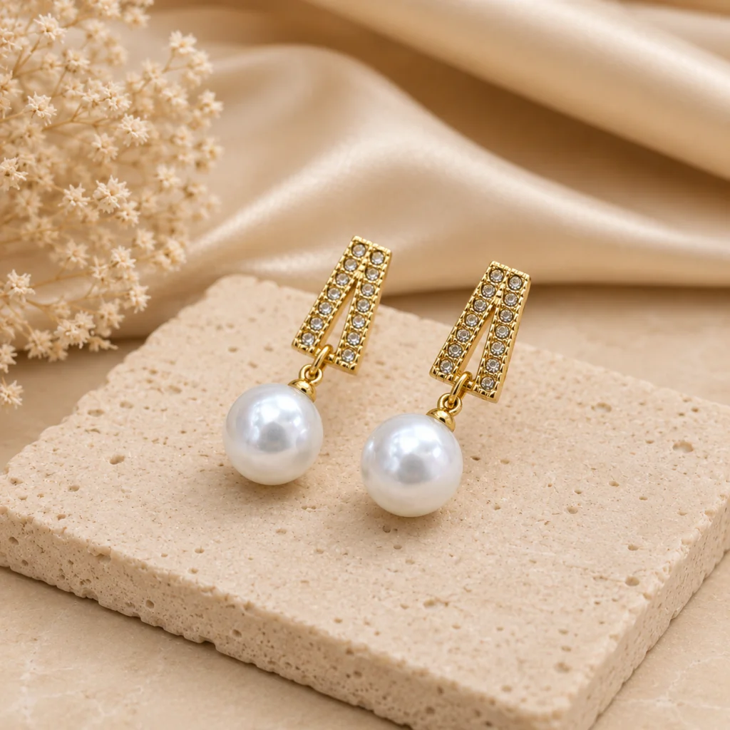 Crystal Triangle Pearl Drop Earrings for Women