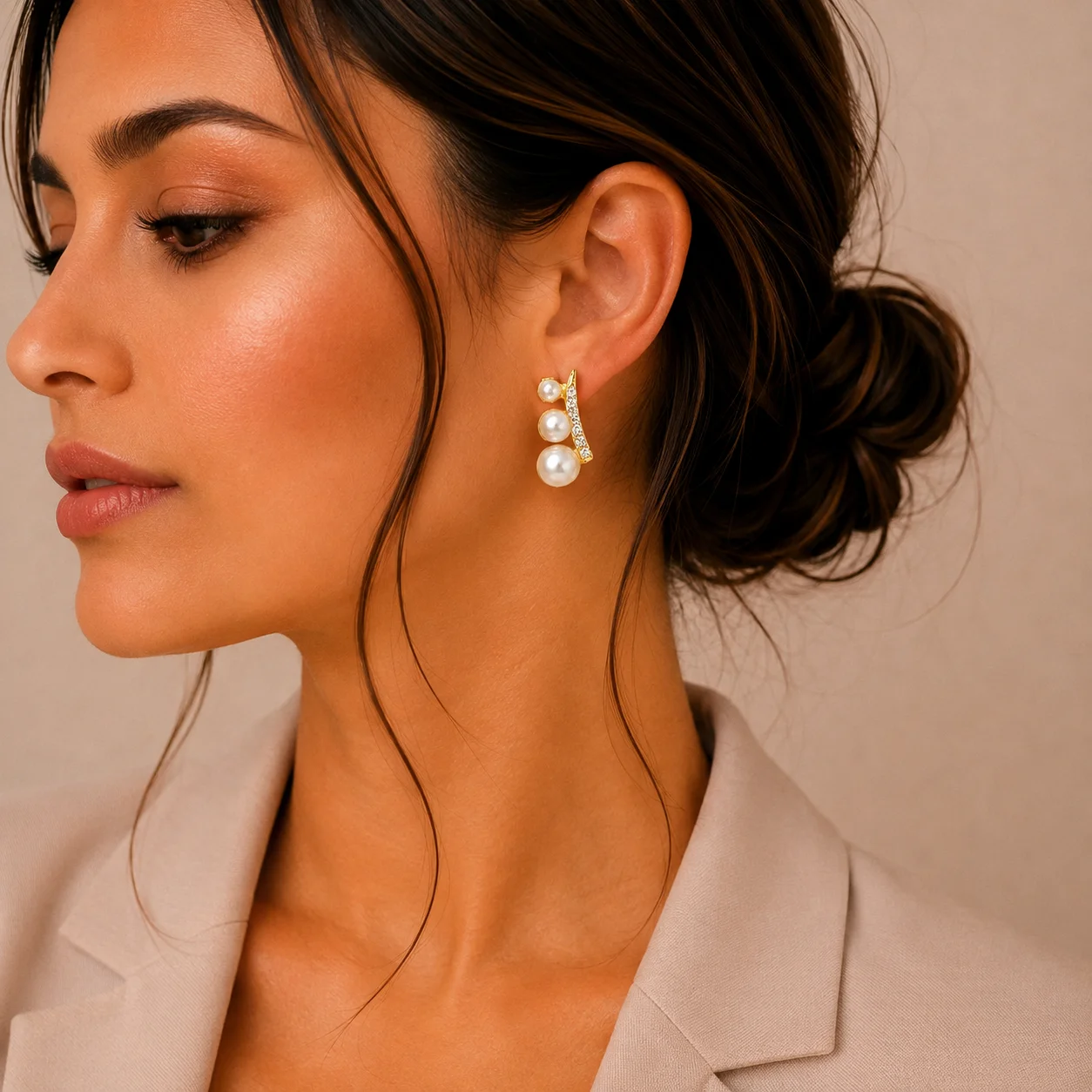 Curved Pearl Crystal Bar Earrings for Women - Image 2