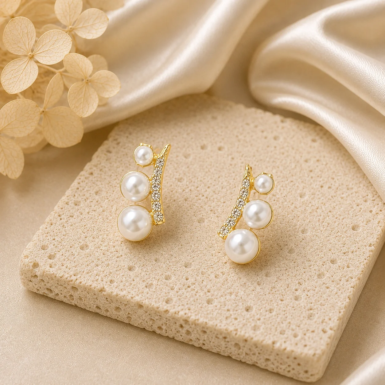 Curved Pearl Crystal Bar Earrings for Women - Image 3