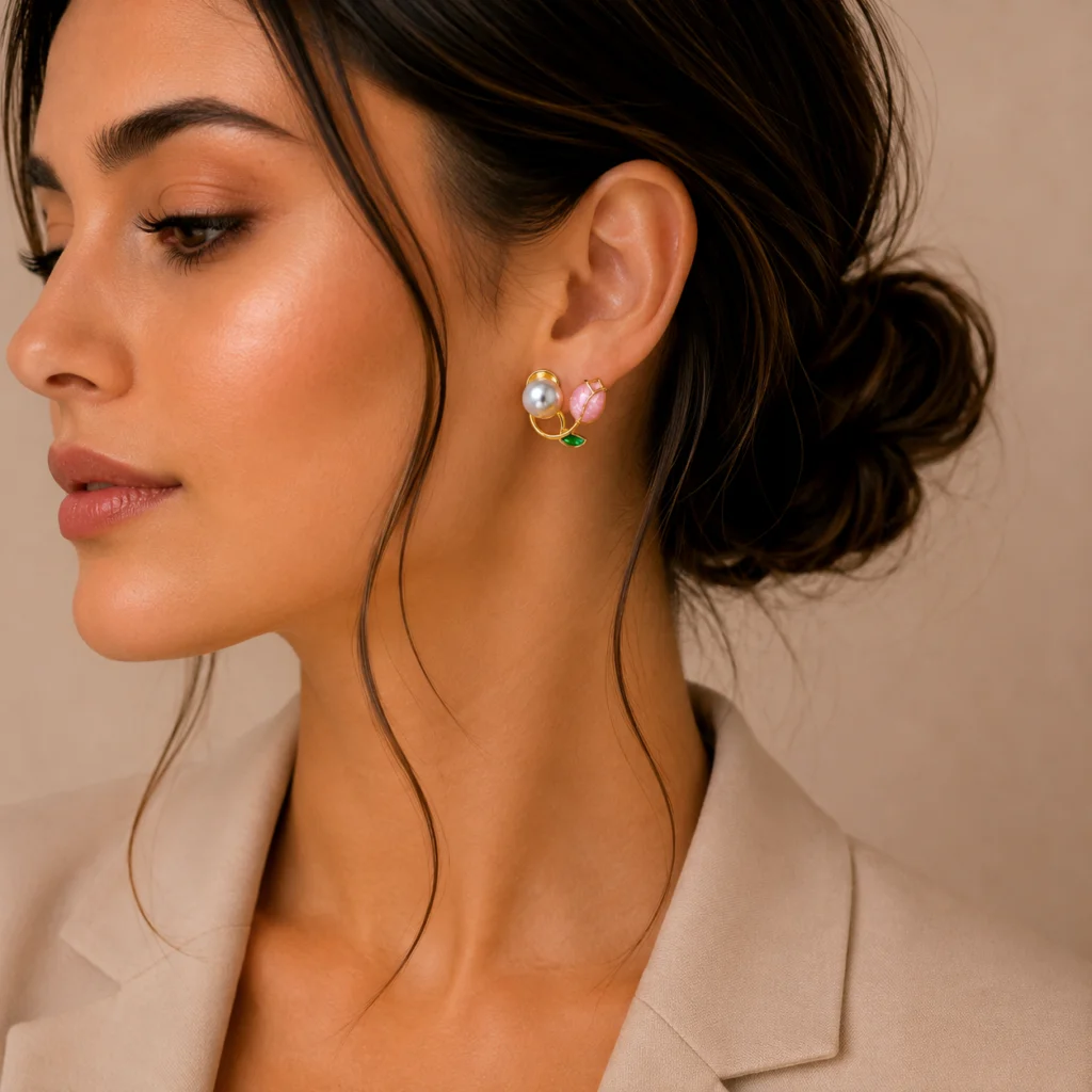 Double Tulip Pearl Stud Earrings for Women