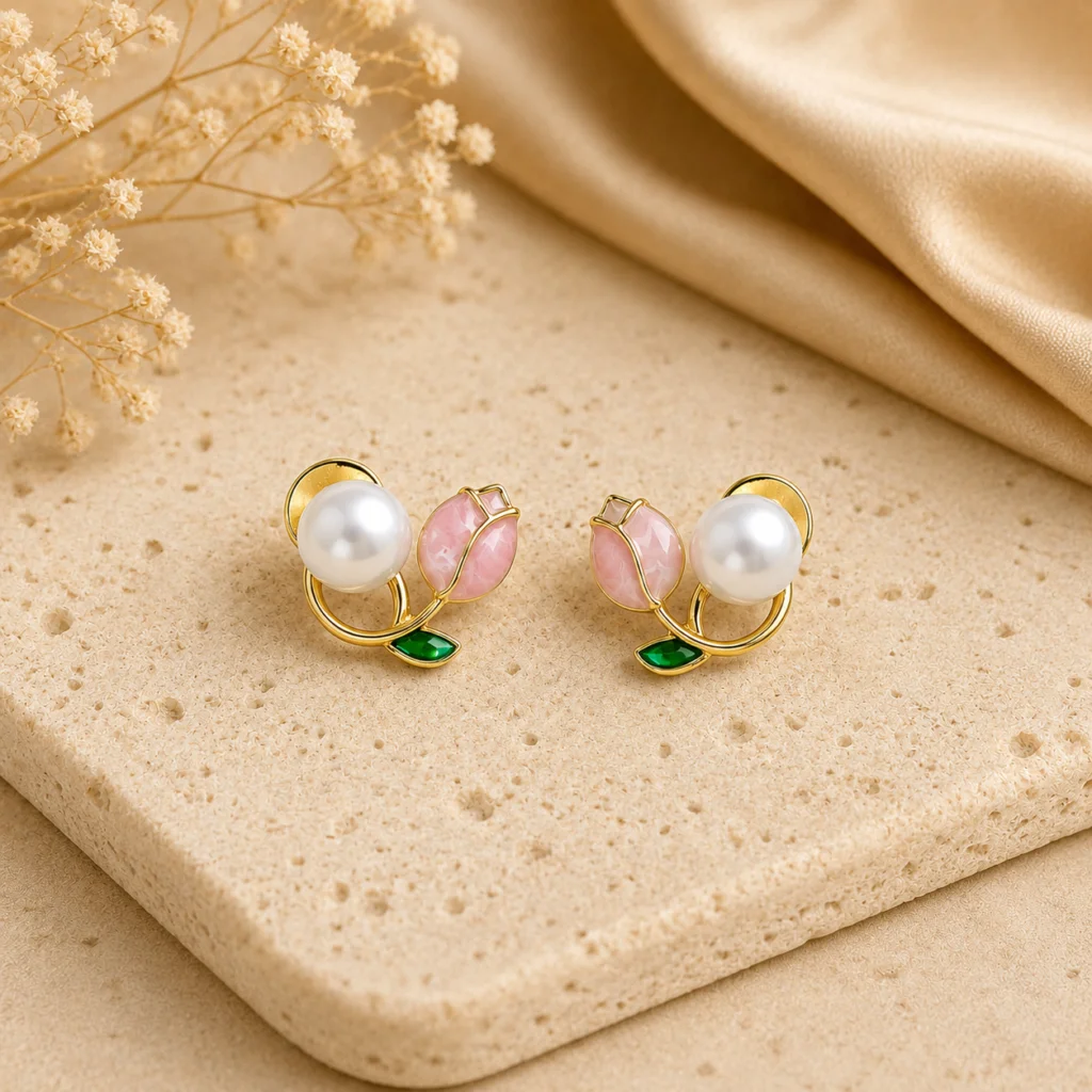 Double Tulip Pearl Stud Earrings for Women