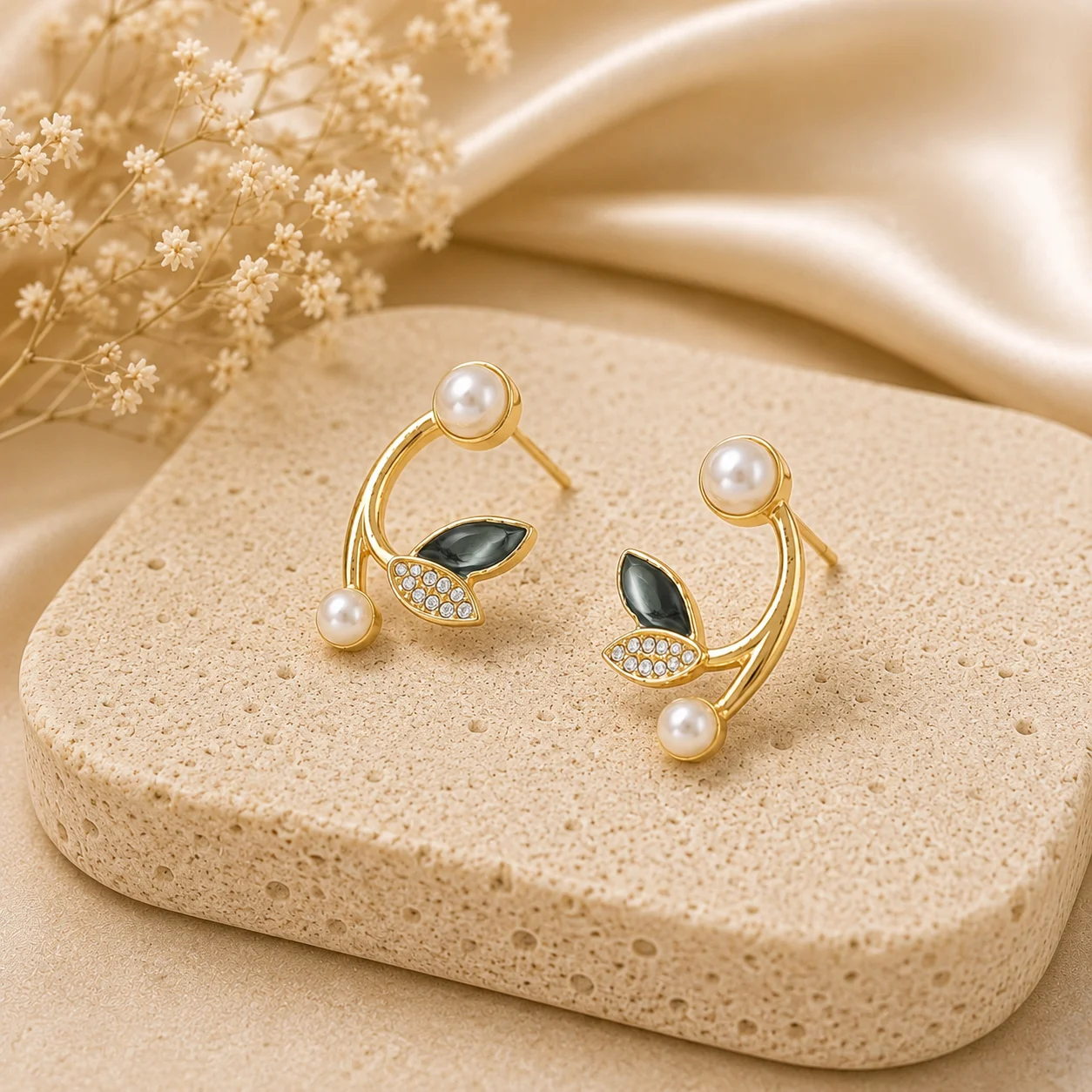 Enamel Leaf Pearl Vine Earrings for Women - Image 3
