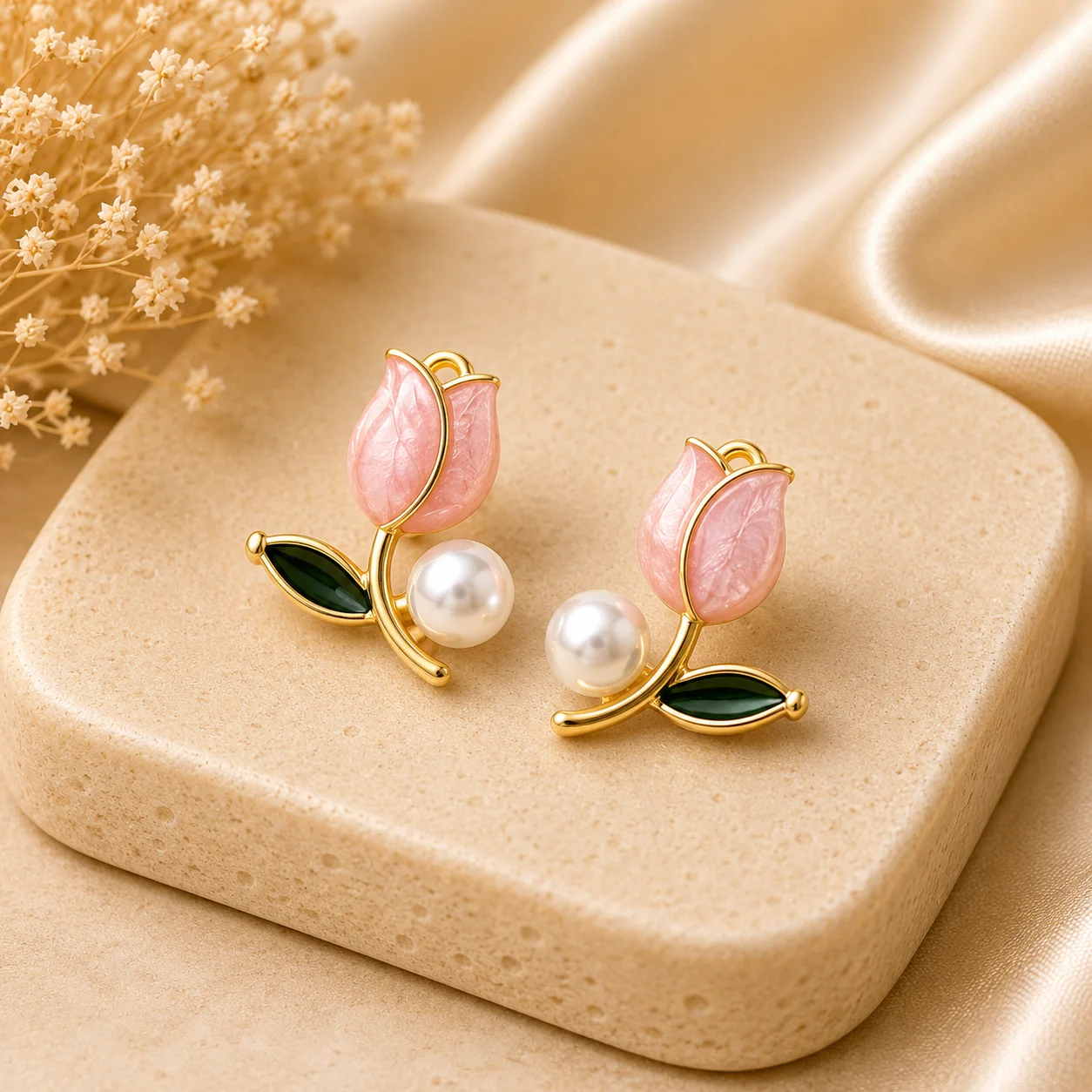 Enamel Tulip Pearl Stud Earrings for Women - Image 3