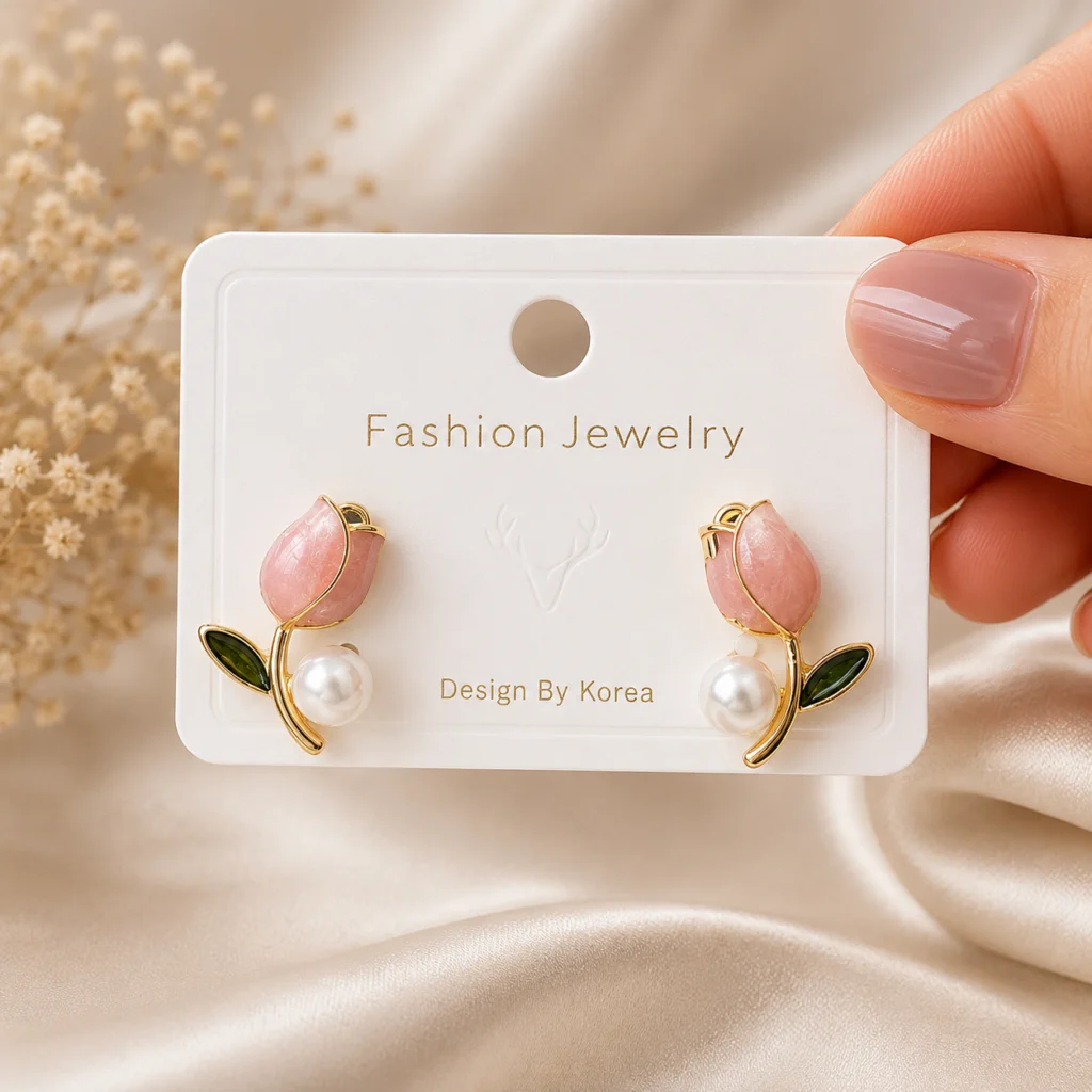 Enamel Tulip Pearl Stud Earrings for Women