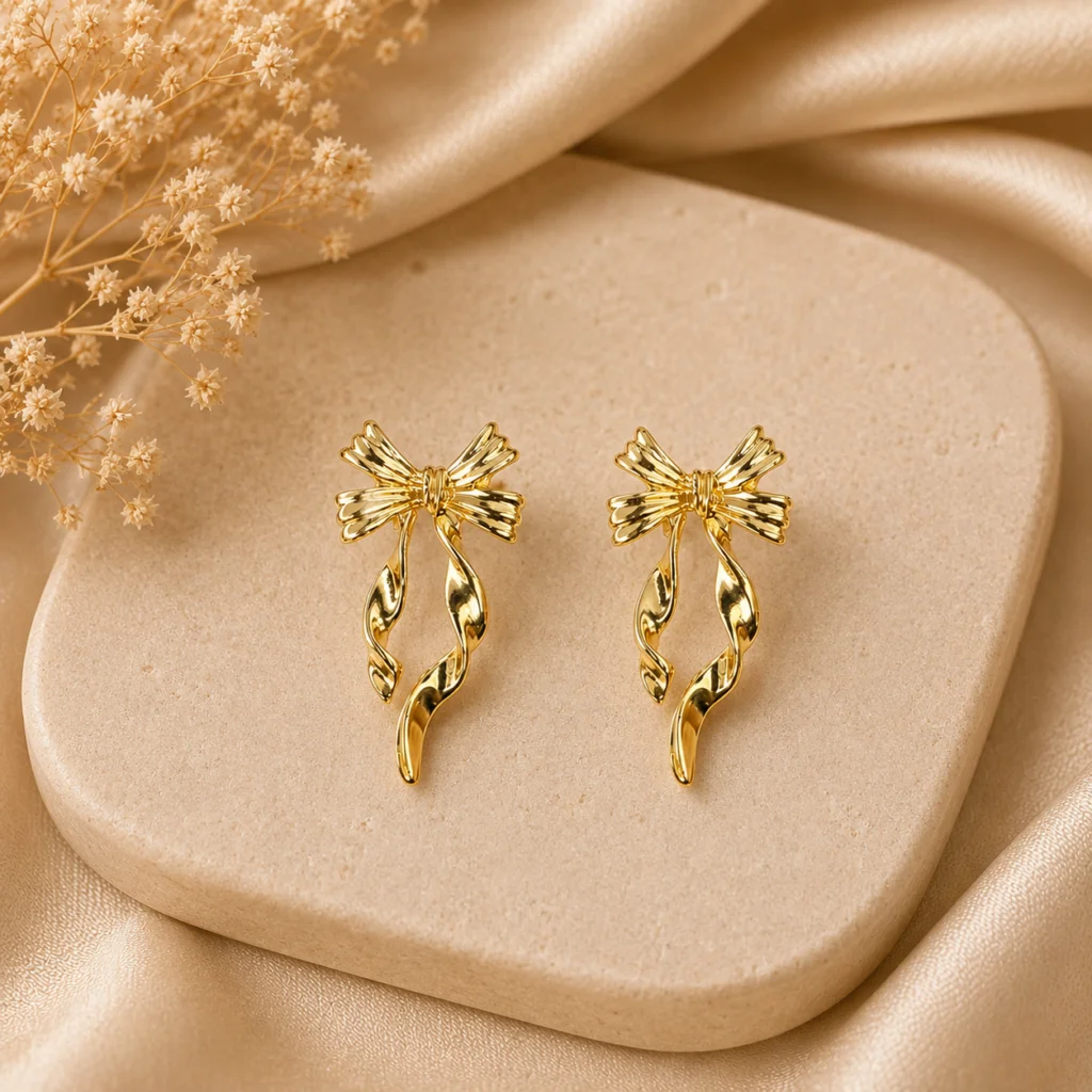 Gold Ribbon Bow Drop Earrings for Women