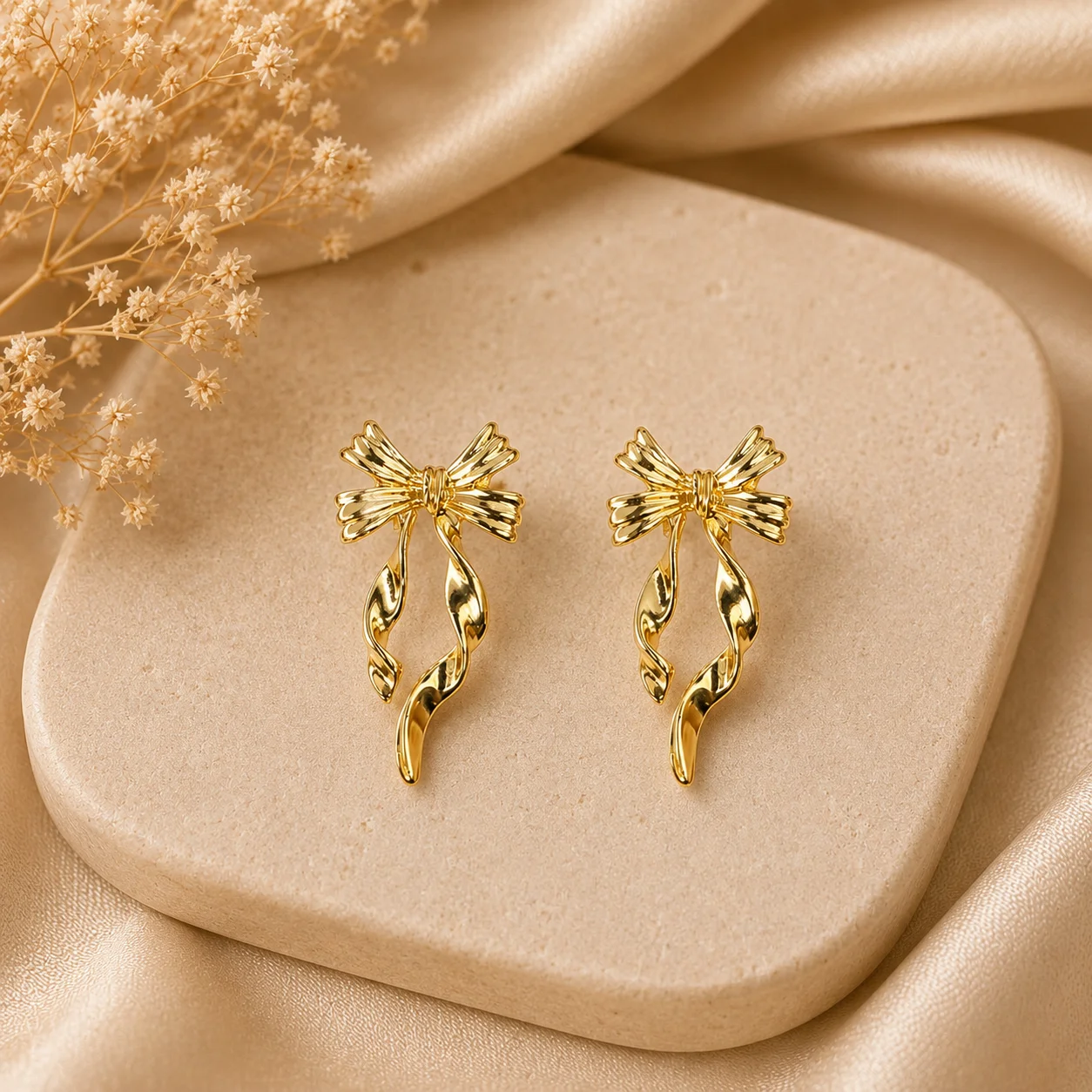 Gold Ribbon Bow Drop Earrings for Women - Image 3