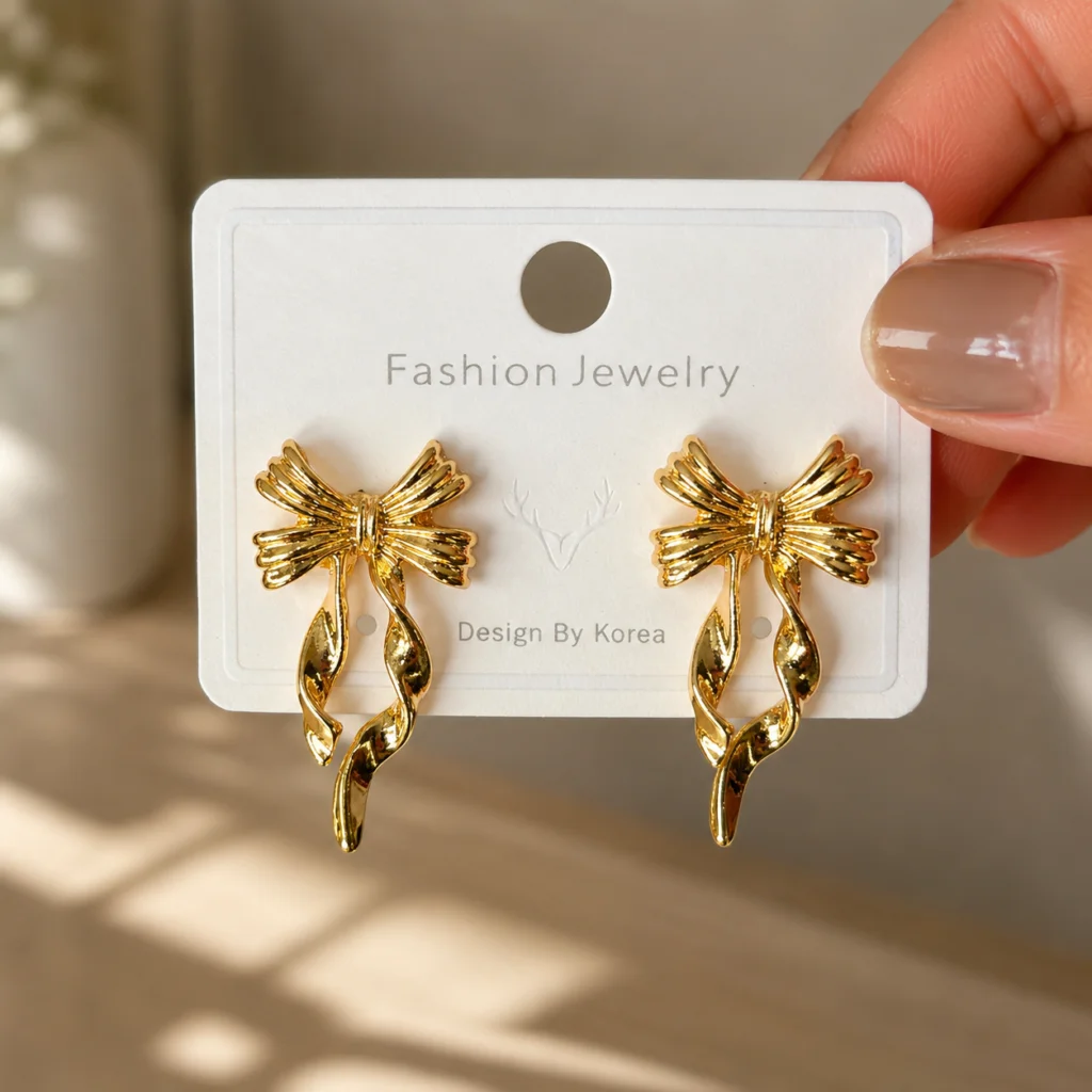 Gold Ribbon Bow Drop Earrings for Women