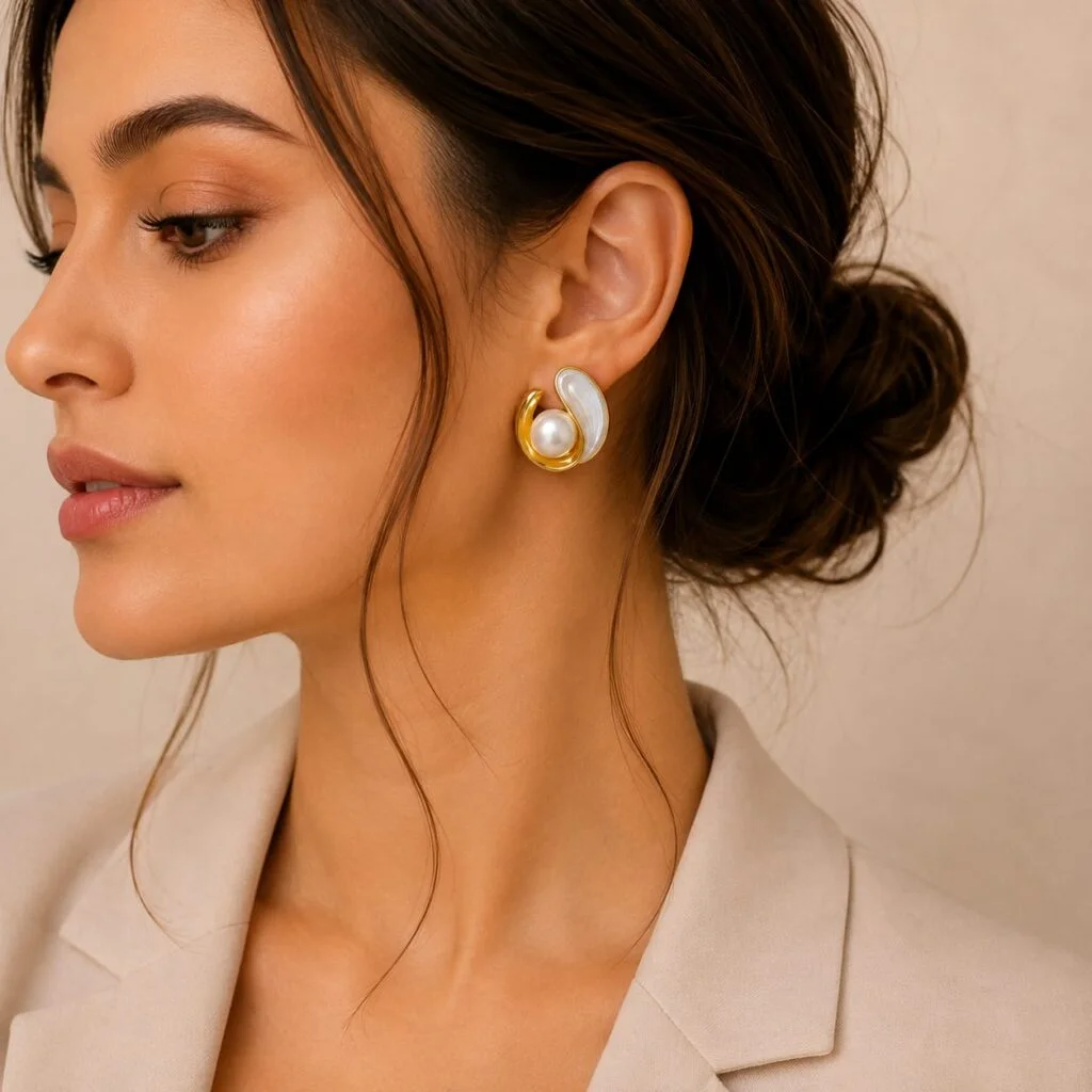 Gold Swirl Pearl Stud Earrings for Women