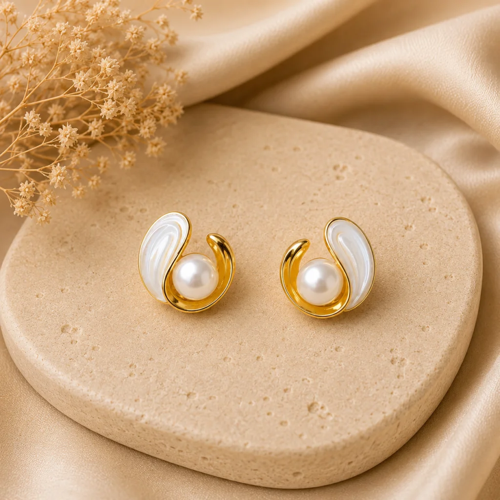 Gold Swirl Pearl Stud Earrings for Women