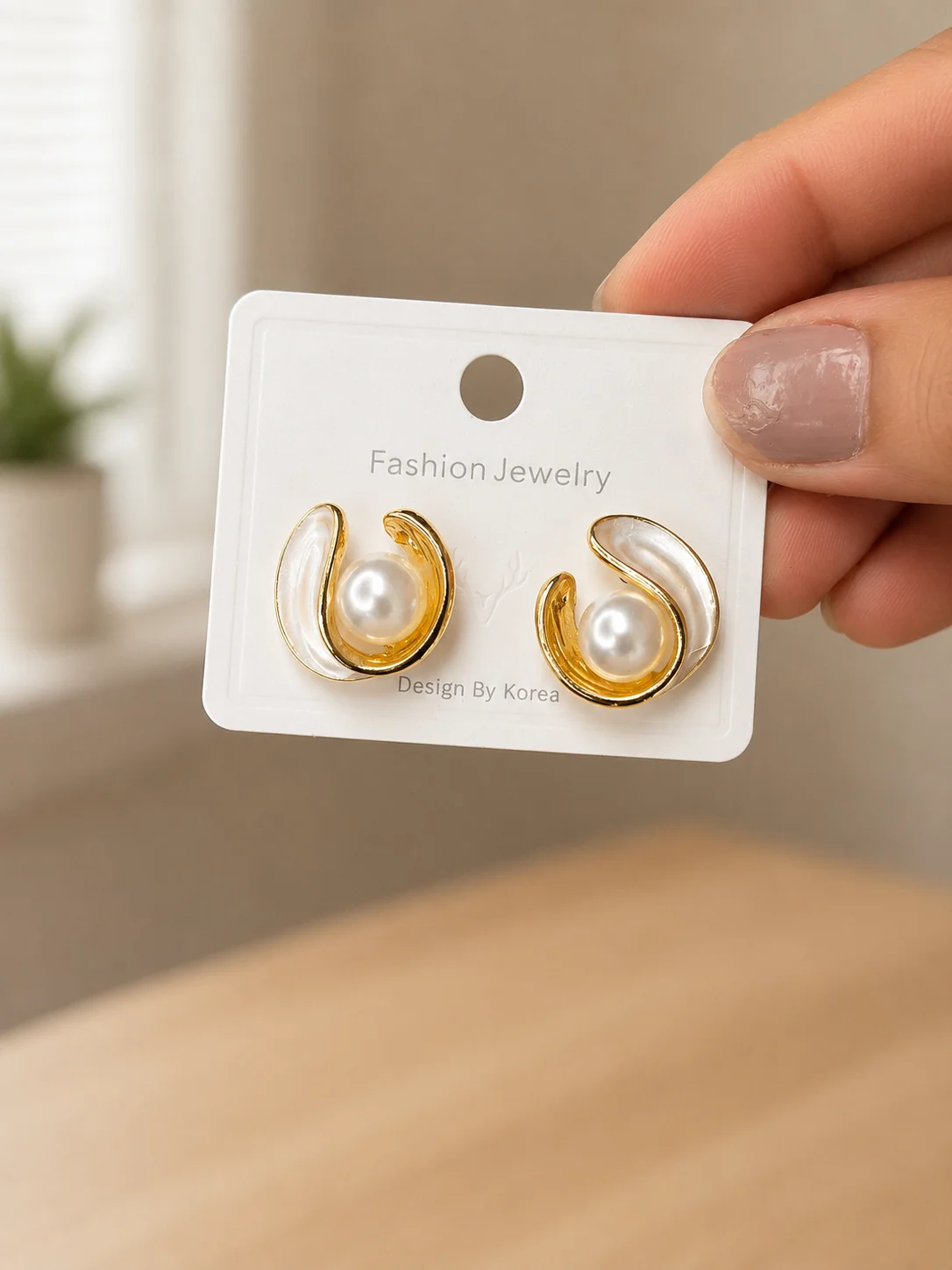Gold Swirl Pearl Stud Earrings for Women - Image 4