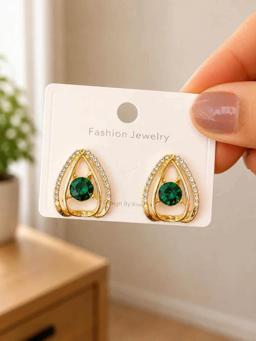 Green Crystal Triangle Stud Earrings for Women - Image 4