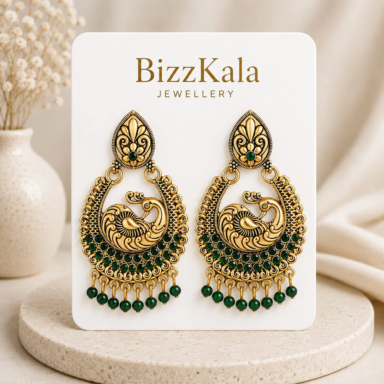 Green Peacock Antique Jhumka for Women - Image 1