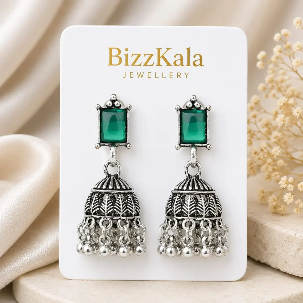 Green Stone Oxidised Jhumka for Women