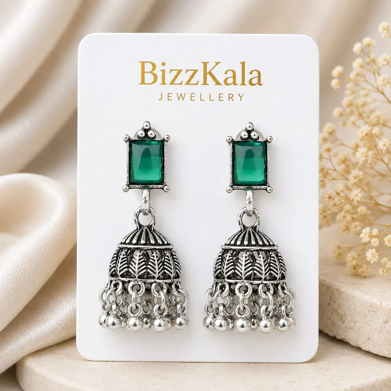 Green Stone Oxidised Jhumka for Women - Image 1