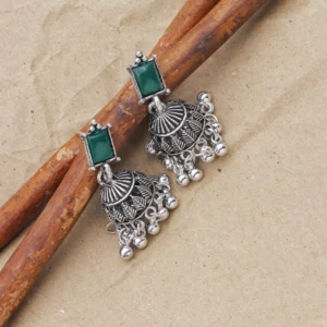 Green Stone Oxidised Jhumka for Women - Image 3