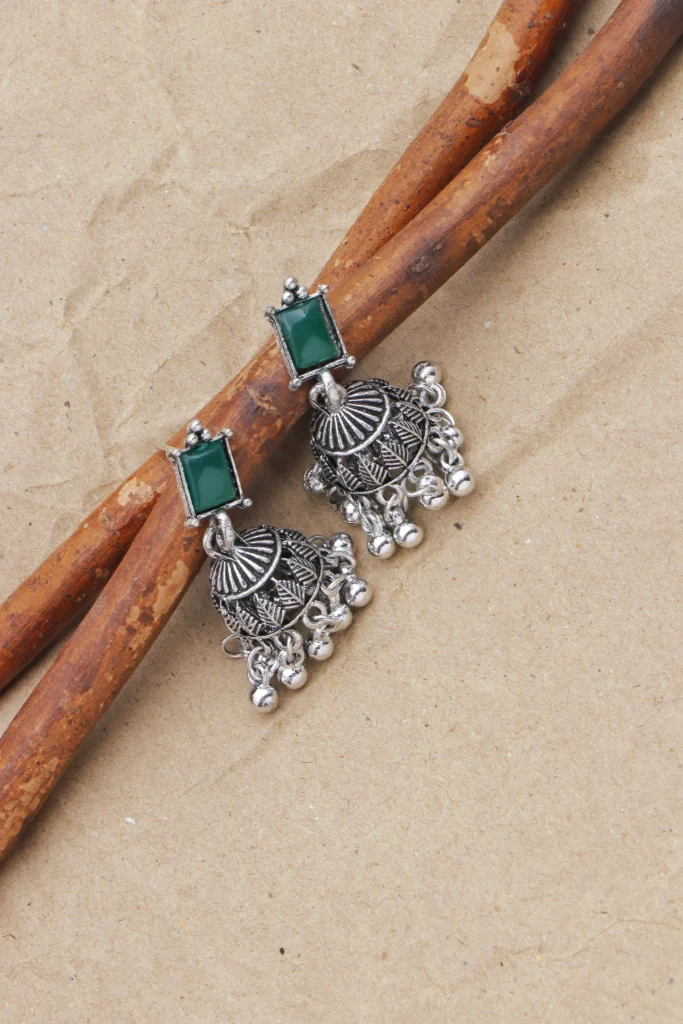 Green Stone Oxidised Jhumka for Women
