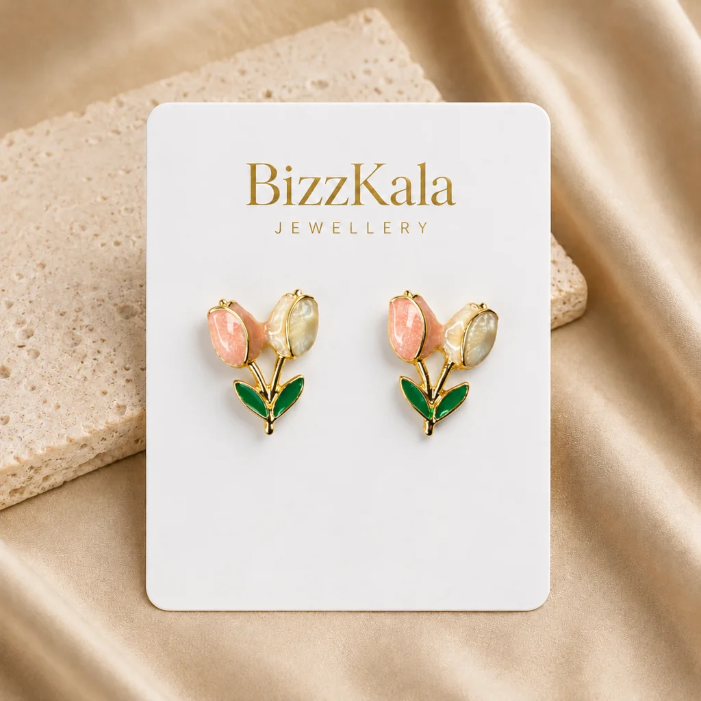 Peach Enamel Tulip Stud Earrings for Women