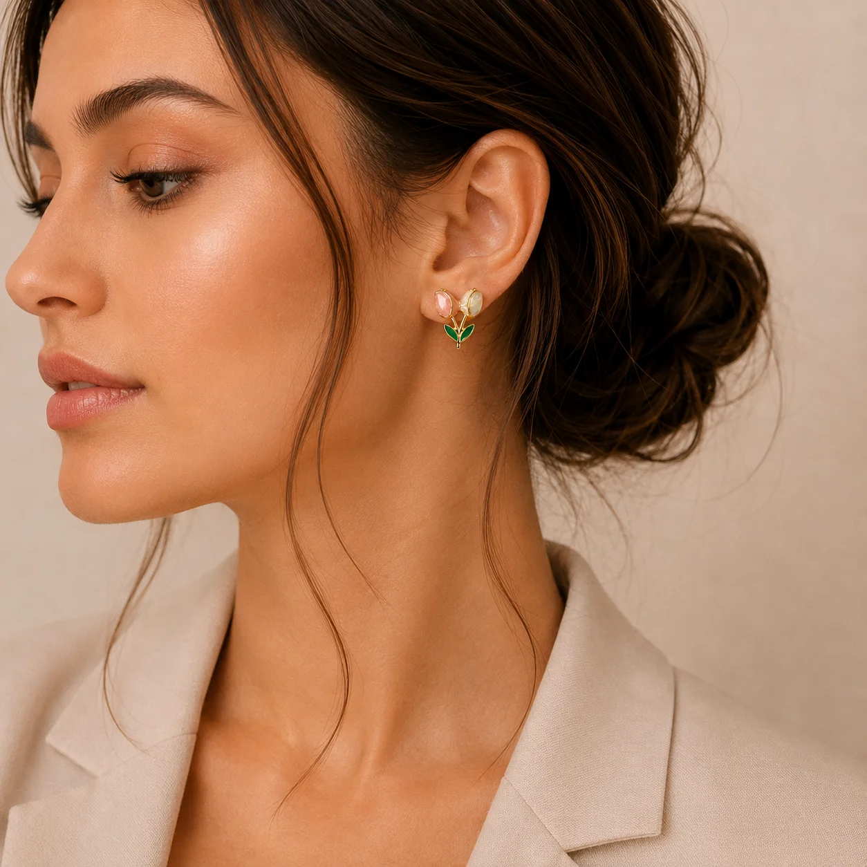 Peach Enamel Tulip Stud Earrings for Women - Image 2