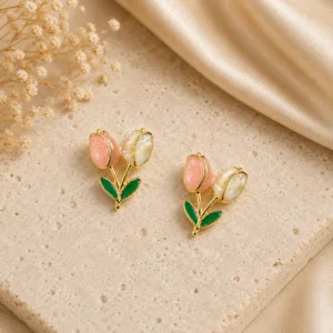 Peach Enamel Tulip Stud Earrings for Women - Image 3
