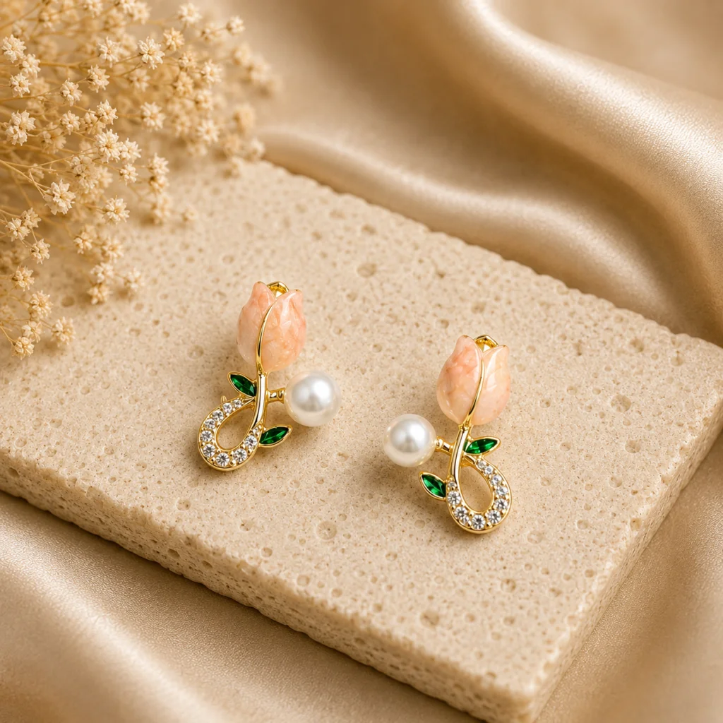 Peach Tulip Pearl Earrings for Women